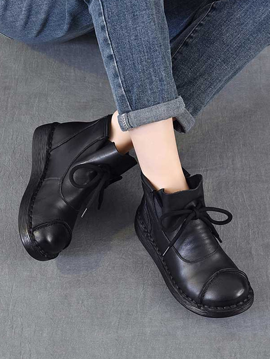 Women Winter Soft Leather Spliced Flat Ankle Boots