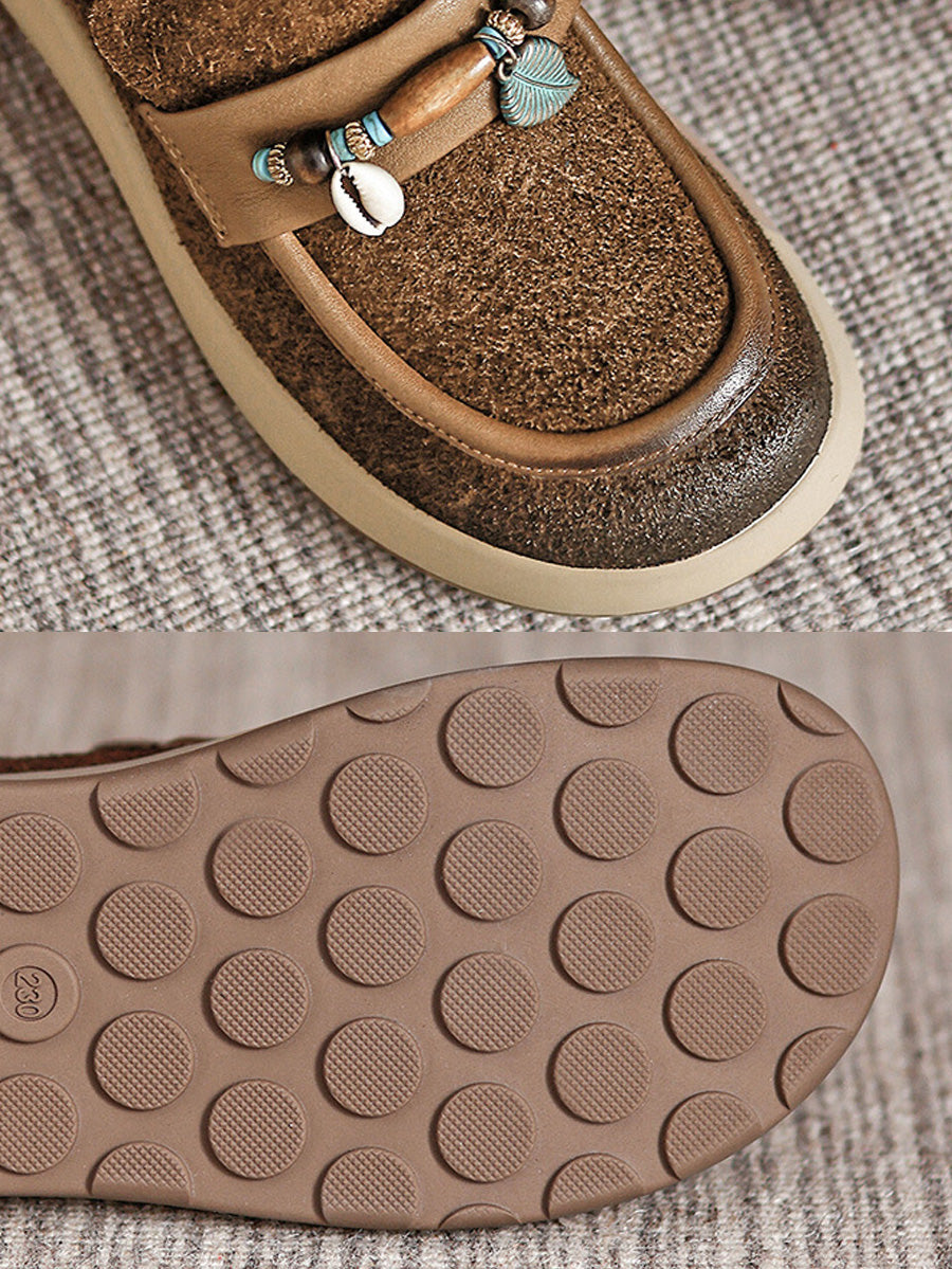 Women Vintage Genuine Leather Beads Platform Shoes