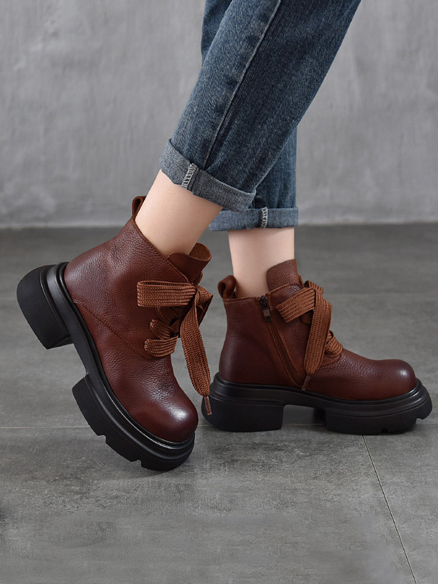 Women Vintage Genuine Leather Strap Platform Boots