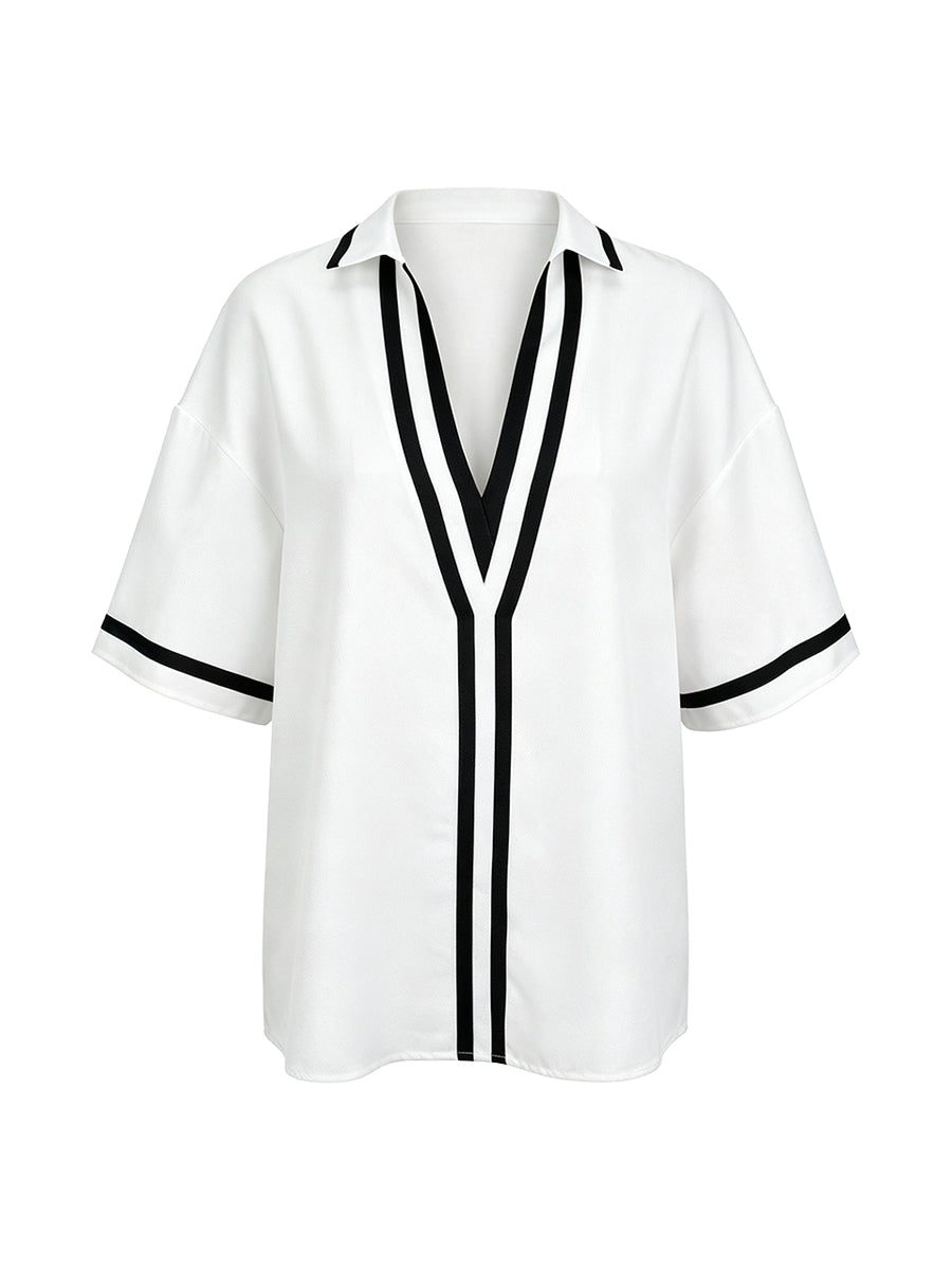Half Sleeves Loose Contrast Color Lapel Blouses&Shirts Tops