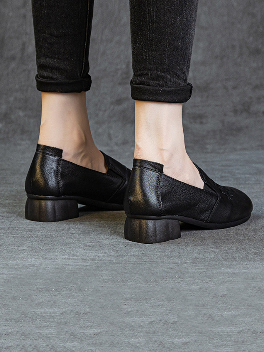 Women Retro Genuine Leather Weave Mid Heel Shoes