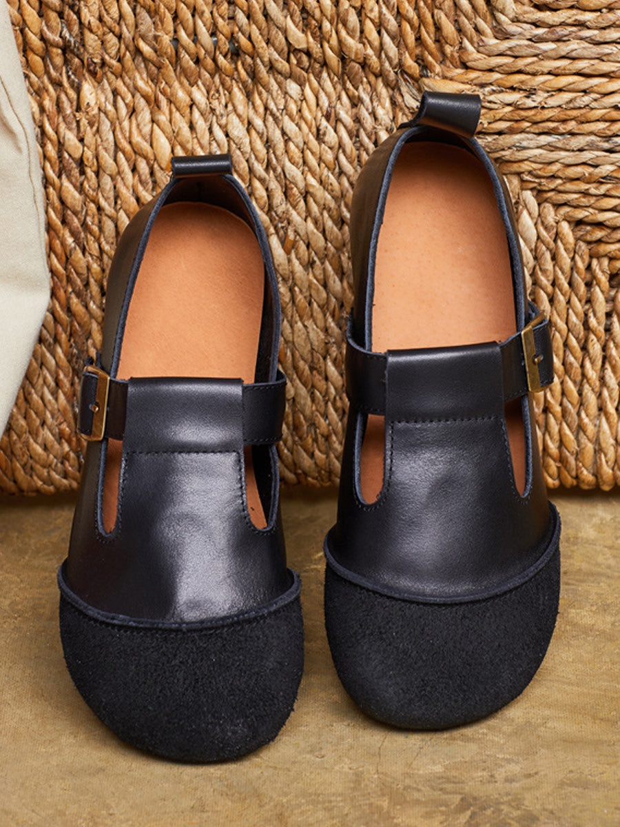 Women Summer Vintage Leather Spliced Low Heel Shoes
