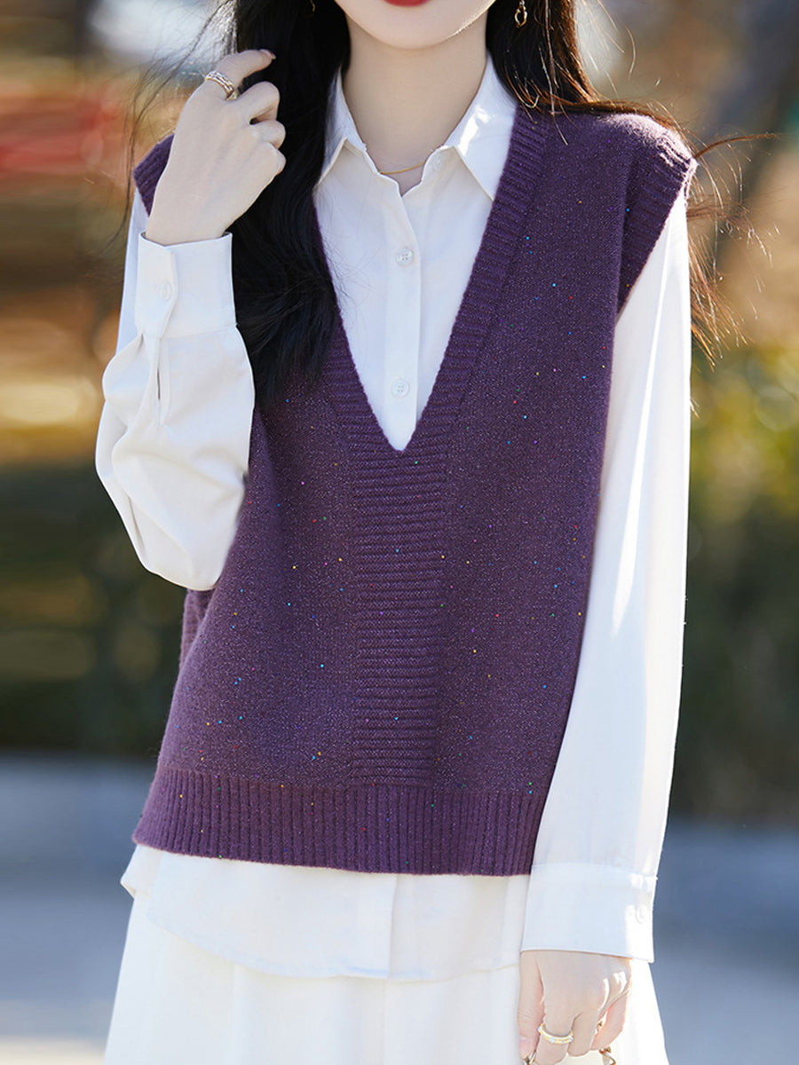 Women Autumn Casual Pure Color V-Neck Knitted Vest