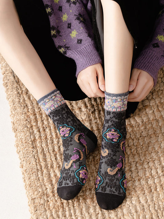 5 Pairs Women Vintage Flower Jacquard Socks