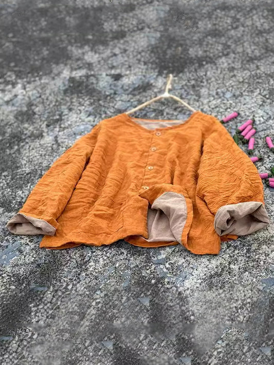 Plus Size Women Vintage Autumn Pure Color O-Neck Shirt Coat