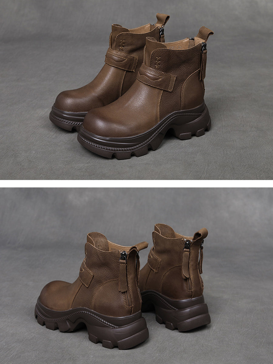 Women Vintage Pure Colo Leather Platform Ankle Boots