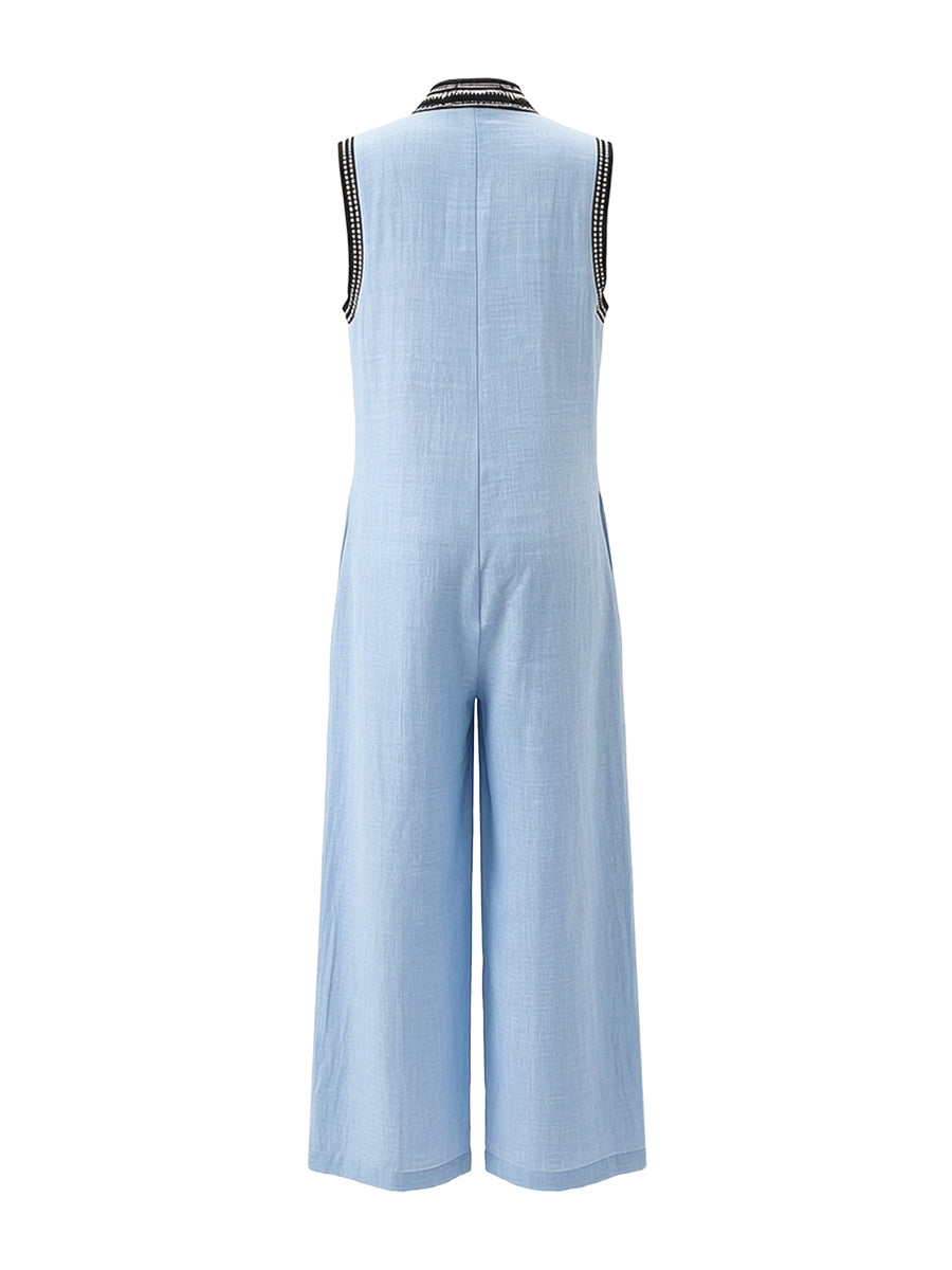 Sleeveless Wide Leg Pockets Solid Color Zipper Stand Collar Jumpsuits