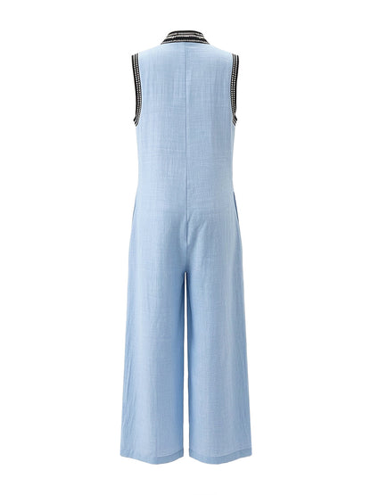 Sleeveless Wide Leg Pockets Solid Color Zipper Stand Collar Jumpsuits