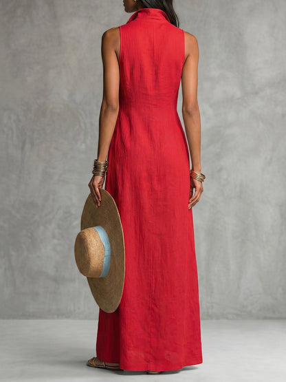 A-Line High Waisted Buttoned Pockets Solid Color Lapel Maxi Dresses Shirt Dress