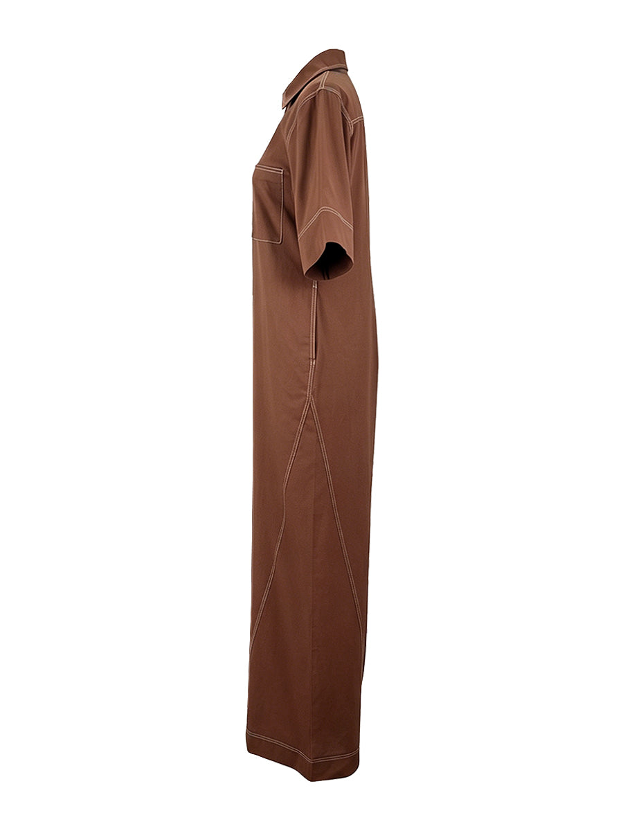 Loose Short Sleeves Pockets Solid Color Zipper Stand Collar Jumpsuits