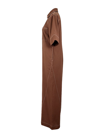 Loose Short Sleeves Pockets Solid Color Zipper Stand Collar Jumpsuits