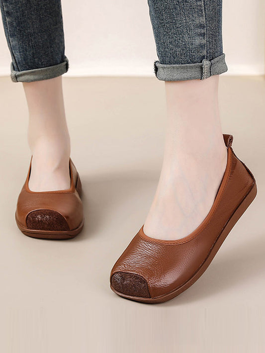 Women Autumn Genuine Leather Sqaure Collar Flat Shoes