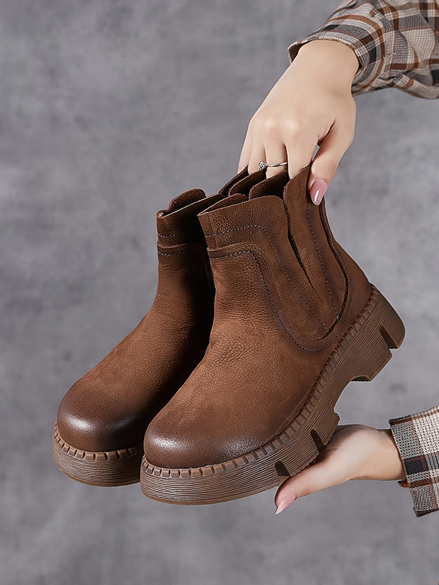 Women Vintage Autumn Genuine Leather Platform Ankle Boots
