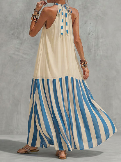 A-Line Loose Contrast Color Pleated Striped Halter-Neck Maxi Dresses