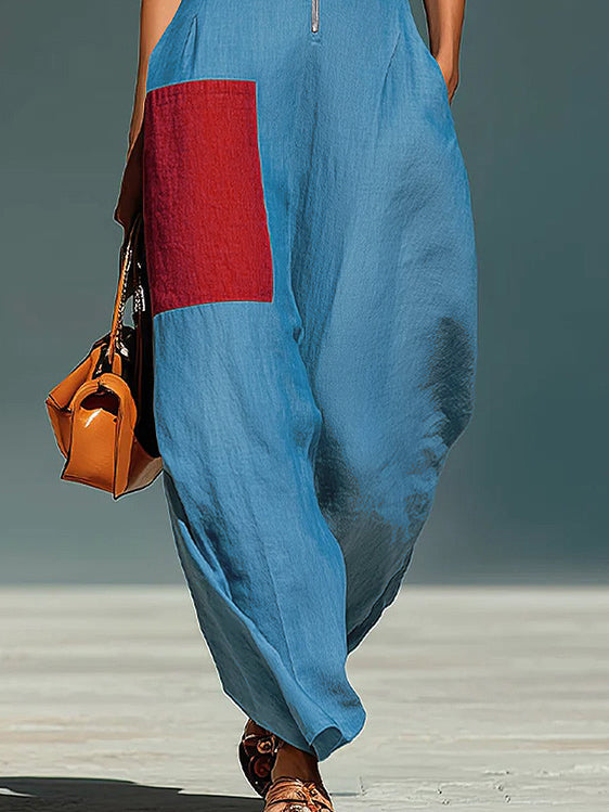 Loose Wide Leg Contrast Color Pockets Lapel Jumpsuits