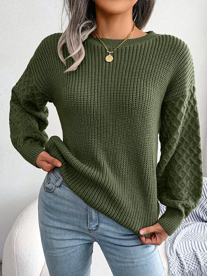 Long Sleeves Loose Cable Knit Solid Color Round-Neck Sweater Tops