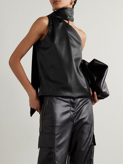 Sleeveless Asymmetric Solid Color High Neck Vest Top