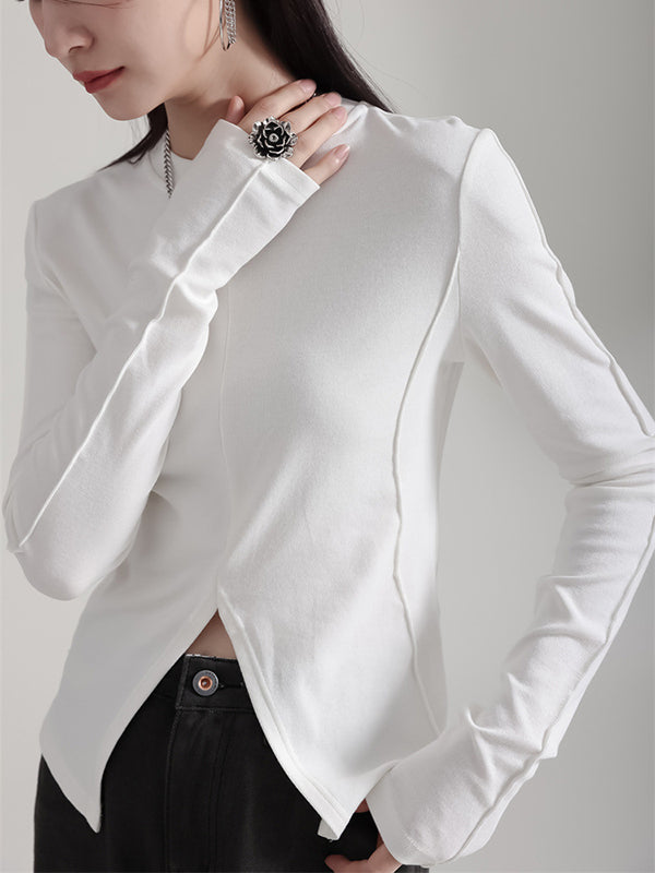 Long Sleeves Skinny Solid Color Split-Front Round-Neck T-Shirts Tops