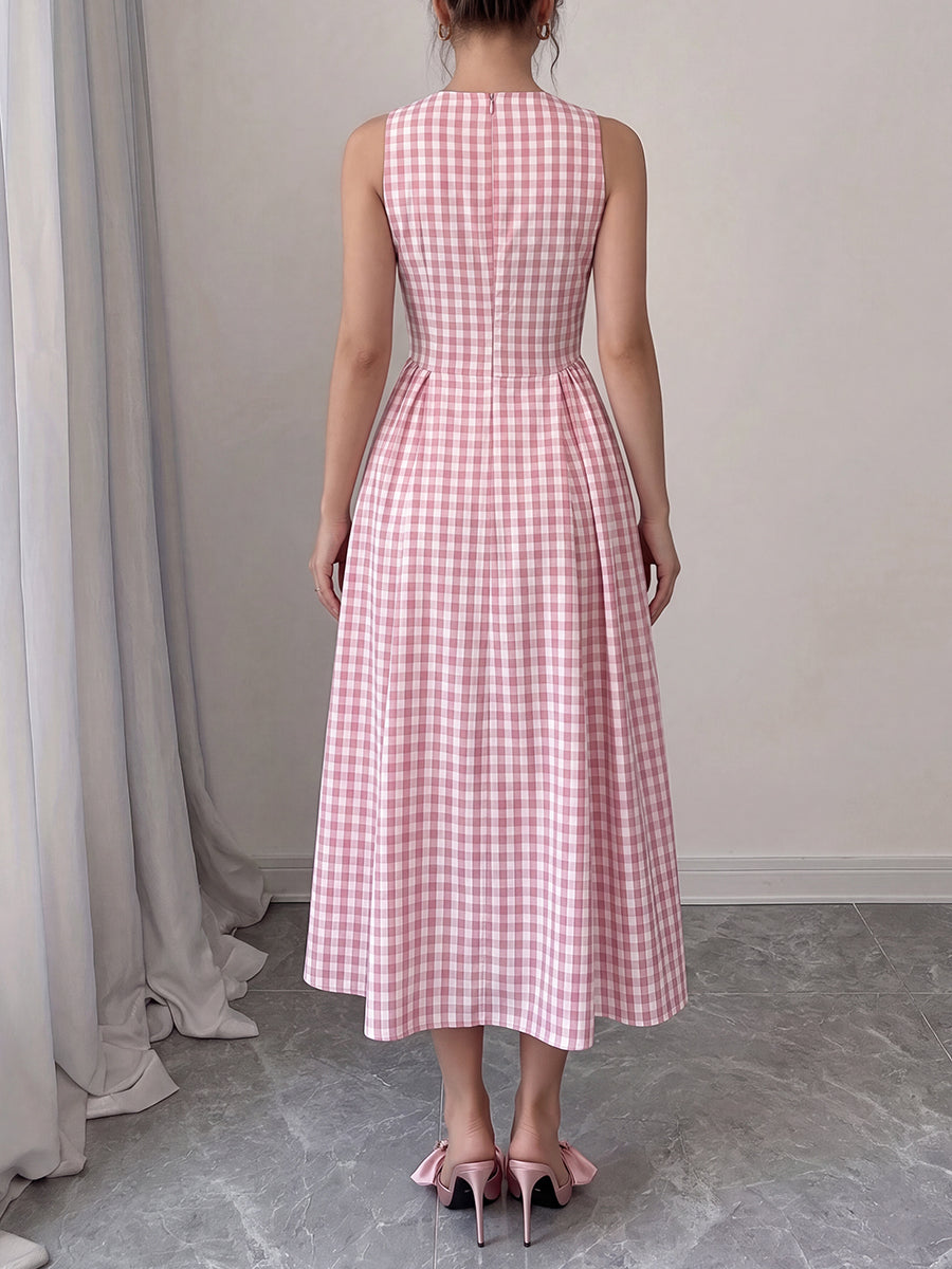 Zipper Split-Joint Plain Hollow Contrast Color Sleeveless High Waisted Round-neck Maxi Dresses