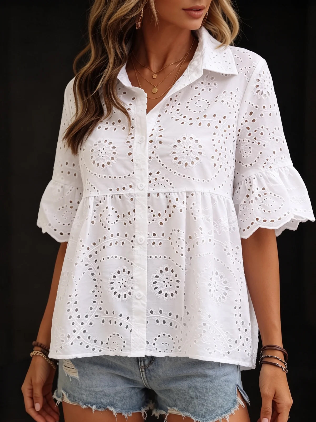 Split-Joint Solid Color Pleated Hollow Buttoned Loose Flared Sleeves Lapel Blouses&shirts Tops
