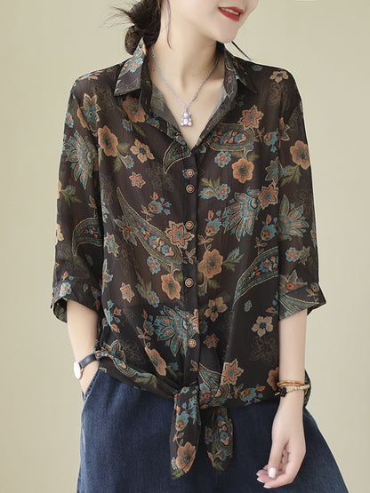 Long Sleeves Loose Buttoned Flower Print Tied Lapel Blouses&Shirts Tops