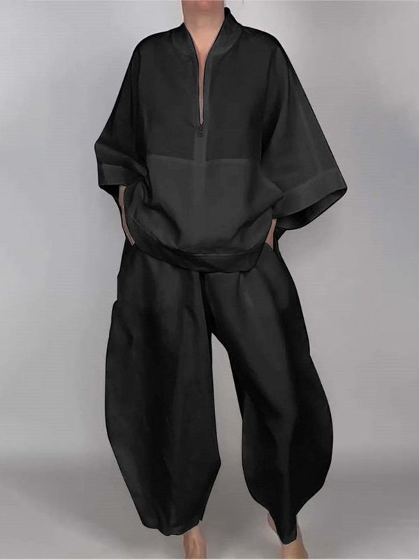 Long Sleeves Loose Solid Color Zipper V-Neck Shirts Tops