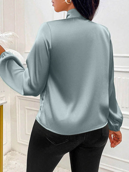 Long Sleeves Loose Bow-Embellished Pleated Solid Color Split-Joint Scarf Collar Blouses&Shirts Tops