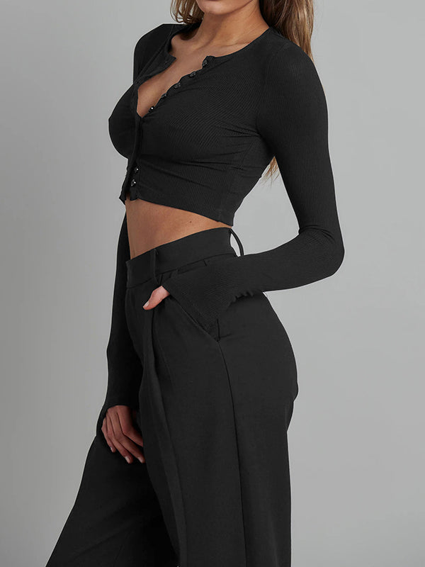 Long Sleeves Skinny Buttoned Solid Color Round-Neck Cardigan Tops