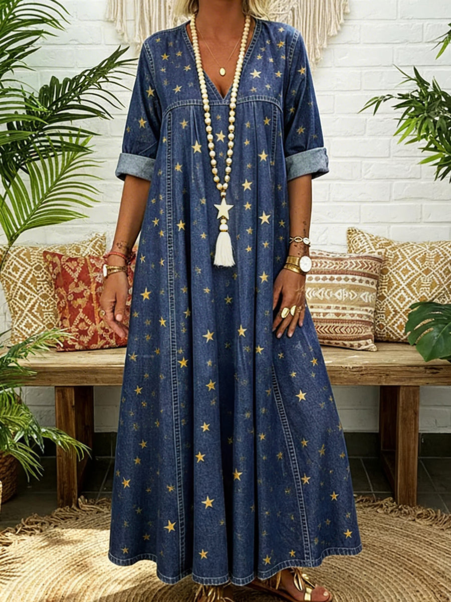 A-Line Long Sleeves Pleated Pockets Printed Split-Joint V-Neck Maxi Dresses