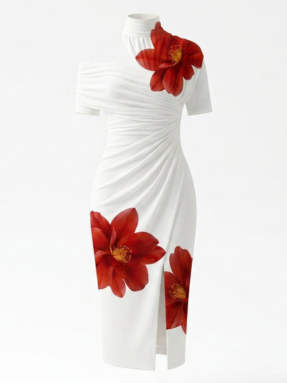 Bodycon Short Sleeves Flower Print Pleated Split-Front High Neck Midi Dresses