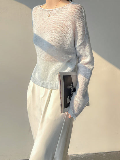 Gentle Mohair Knitted Loose Long Sleeves Solid Color Thin Sweater Tops