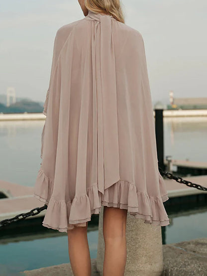 High Waisted Sleeveless Pleated Ruffled Solid Color Split-Joint Tied Mock Neck Mini Dresses Two Pieces Set