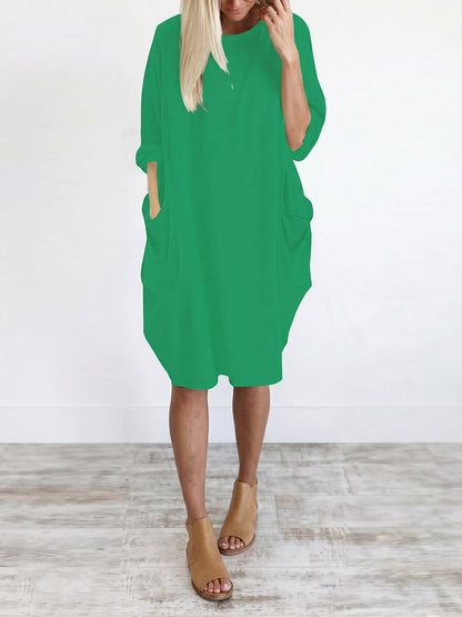 Long Sleeves Loose Pockets Solid Color Round-Neck Mini Dresses