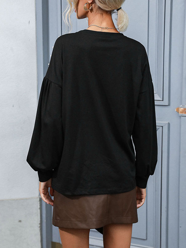 Long Sleeves Loose Beaded Round-Neck T-Shirts Tops