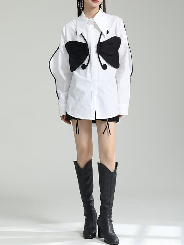 Long Sleeves Loose Butterfly Shape Buttoned Lapel Blouses&Shirts Tops