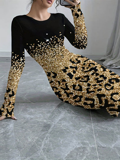 Bodycon Long Sleeves Contrast Color Leopard Shiny Split-Joint Round-Neck Midi Dresses