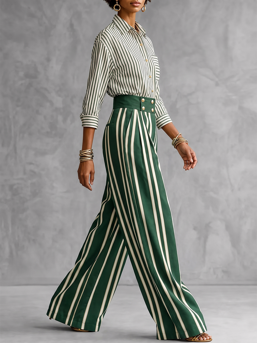 Striped Pockets Contrast Color Buttoned Wide Leg Loose Trousers Pants