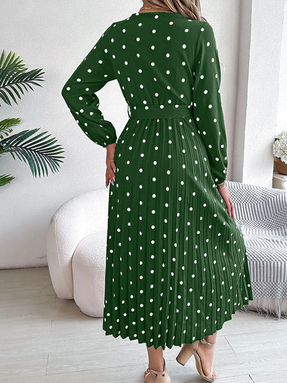 High Waisted Long Sleeves Pleated Polka Dot Tied Waist V-Neck Maxi Dresses Shirt Dress