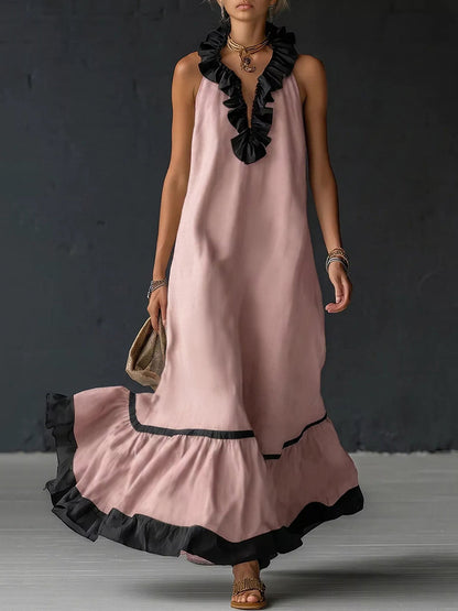 A-Line Loose Contrast Color Pleated Ruffle Trim Split-Joint V-Neck Maxi Dresses