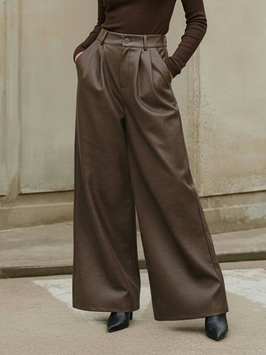 High Waisted Leather-Like Wide Leg Pants
