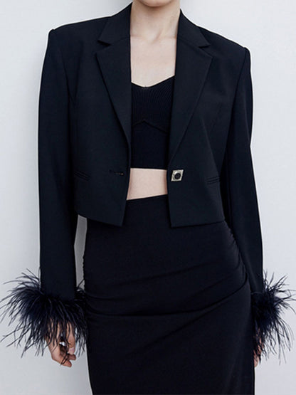 Long Sleeves Buttoned Solid Color Tasseled Notched Collar Blazer Outerwear