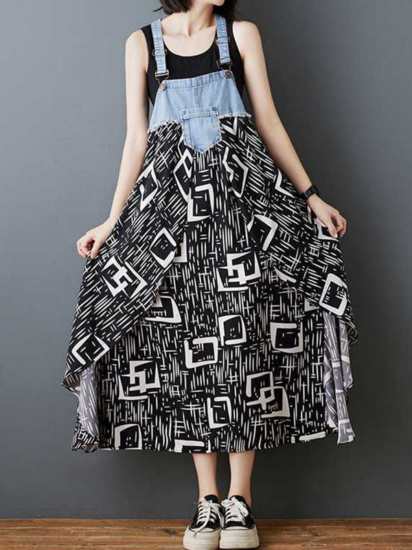 Loose Plus Size Flower Print Pockets Split-Joint Spaghetti-Neck Maxi Dresses Suspender Dress