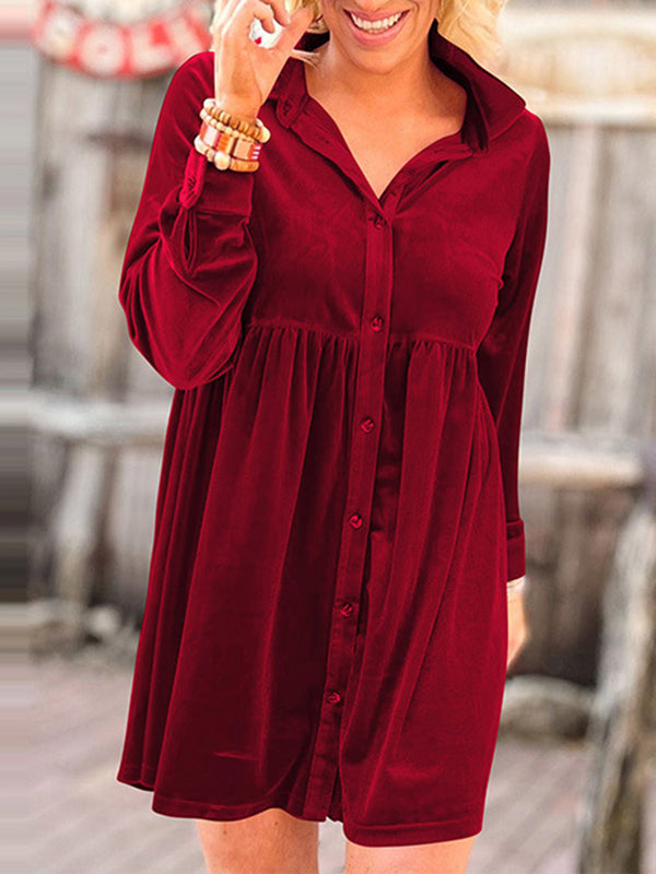 Long Sleeves Loose Pleated Split-Joint Velvet Lapel Mini Dresses Shirt Dress