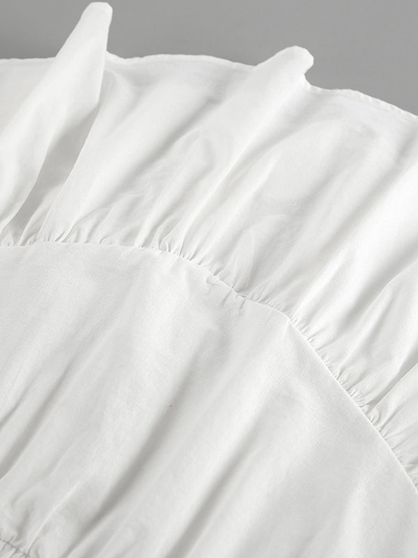 Solid Color Puff Sleeves Split-Joint Stand Collar Blouses + Pleated High Waisted Skirts Two Pieces Set