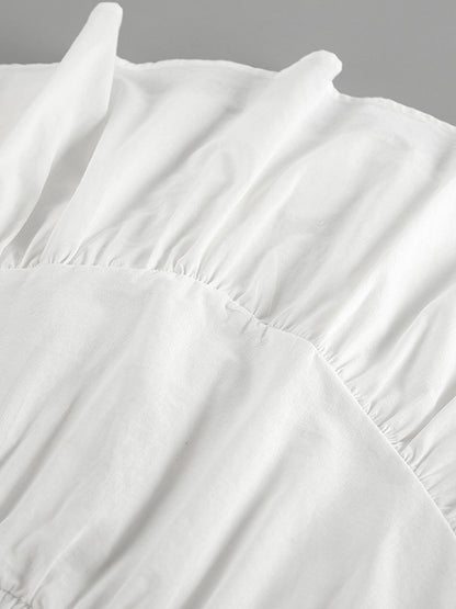 Solid Color Puff Sleeves Split-Joint Stand Collar Blouses + Pleated High Waisted Skirts Two Pieces Set