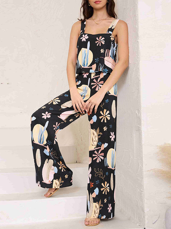 Loose Sleeveless Elasticity Pockets Printed Spaghetti-Neck Jumpsuits