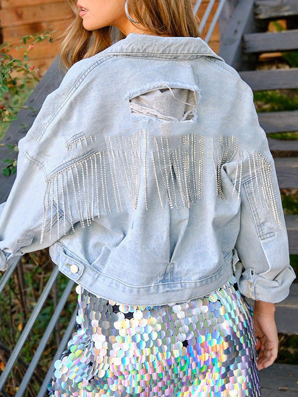 Long Sleeves Loose Fringed Ripped Split-Joint Tasseled Lapel Jackets