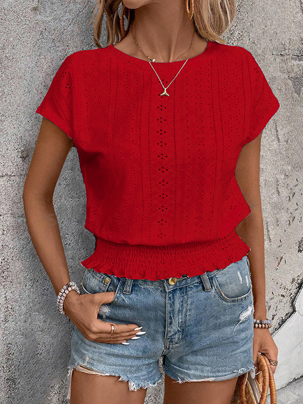 Loose Short Sleeves Elasticity Hollow Jacquard Solid Color Round-Neck T-Shirts Tops