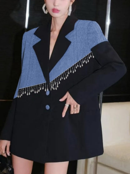 Long Sleeves Loose Buttoned Contrast Color Split-Joint Deep V-Neck Blazer Outerwear