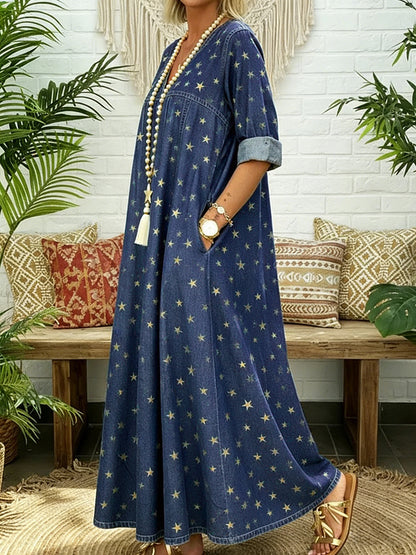 A-Line Long Sleeves Pleated Pockets Printed Split-Joint V-Neck Maxi Dresses